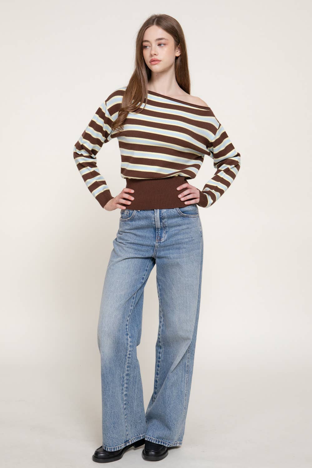 Long Sleeve Asymmetrical Neckline Multi Stripe Sweater Top