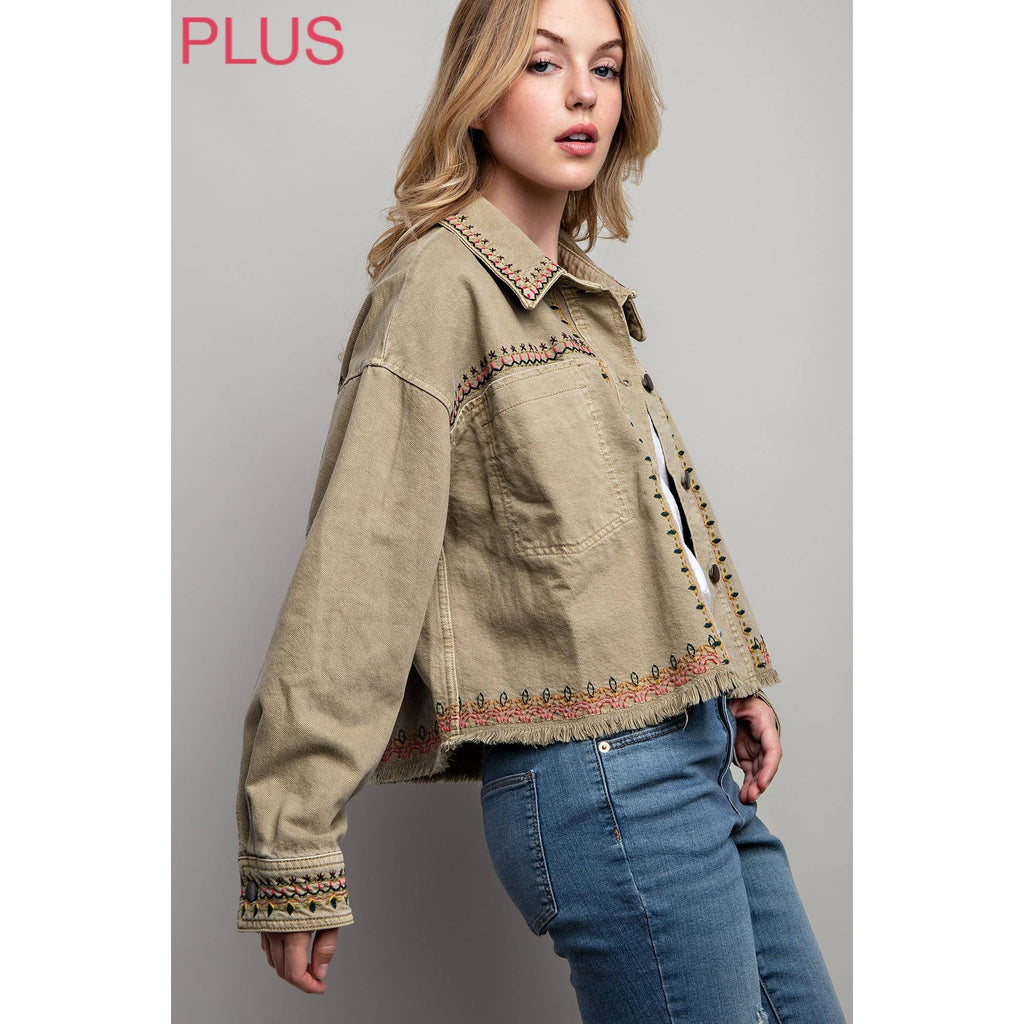 PLUS EMBROIDERED WASH COTTON JACKET