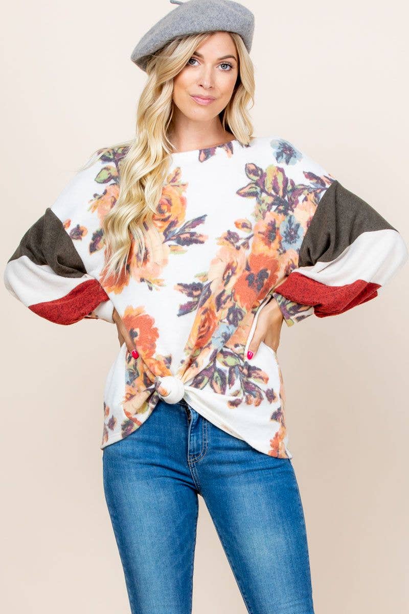 Floral Color Block Balloon Sleeve Top