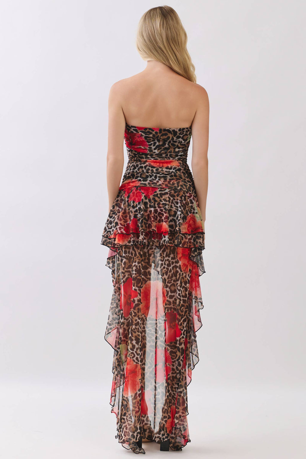 PRINTED STRAPLESS RUFFLE HI LOW RUFFLE DRESS