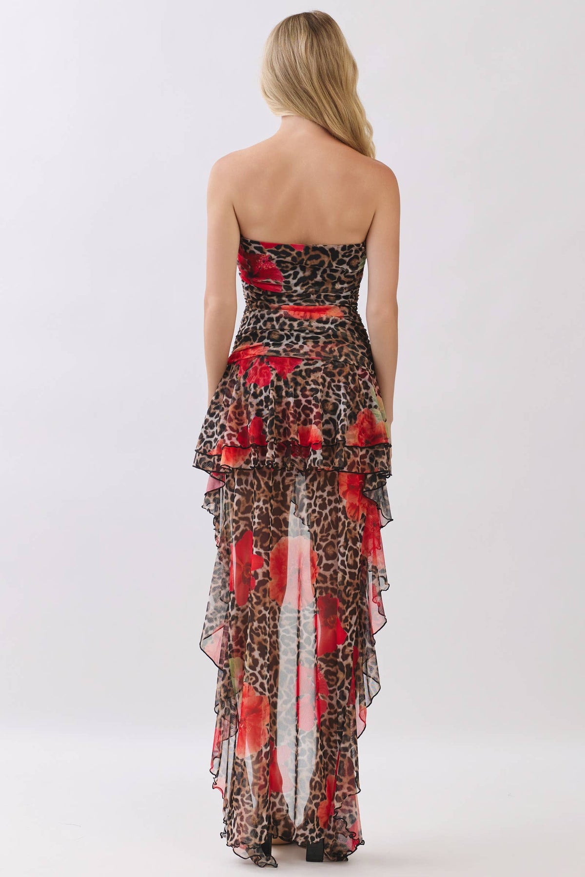 PRINTED STRAPLESS RUFFLE HI LOW RUFFLE DRESS