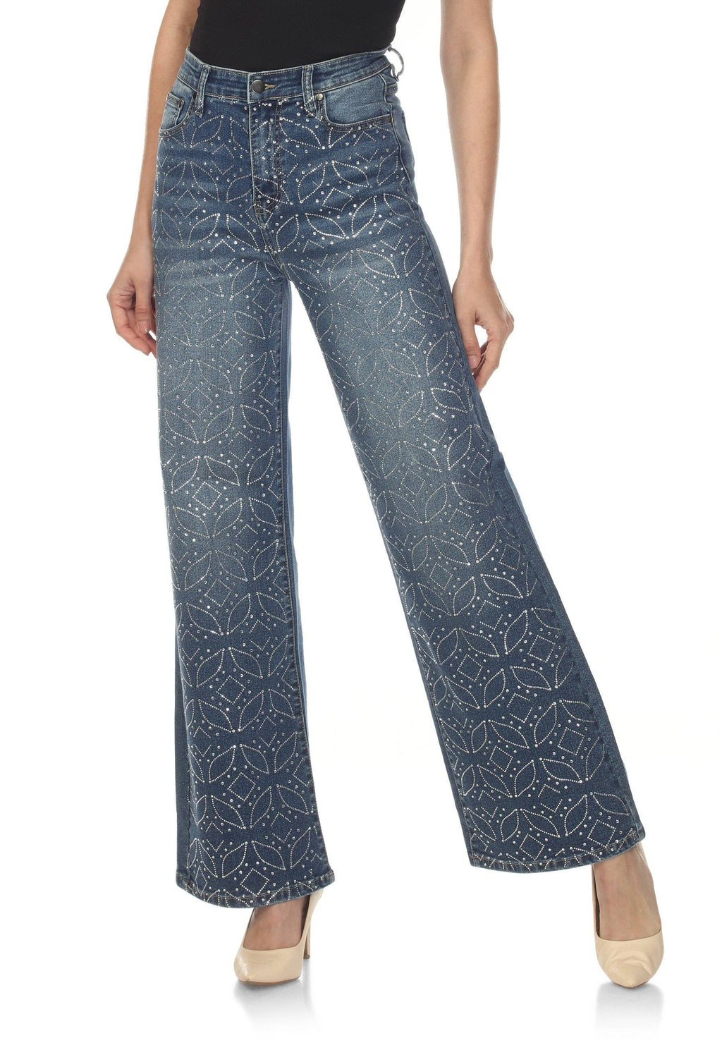 High Rise Rhinestone Wide Leg Jeans - Vintage Wash