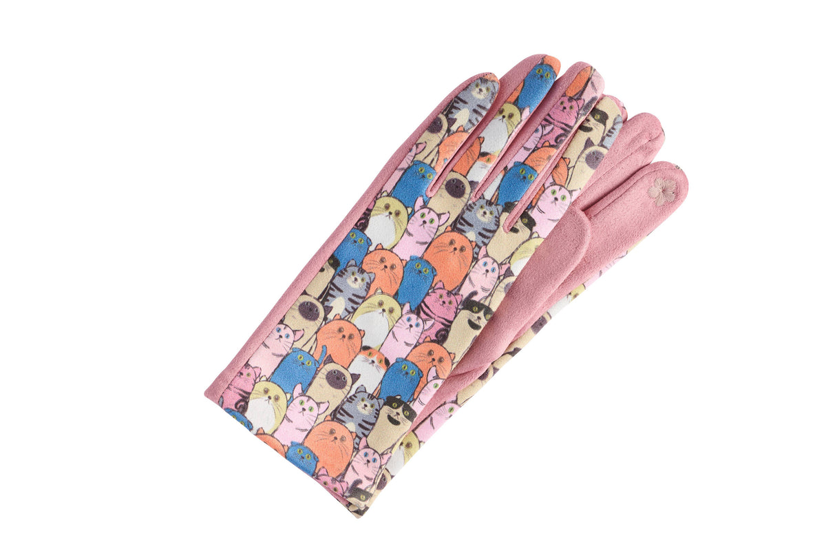 Pink Suede Cat Pattern Gloves