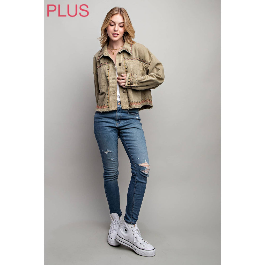 PLUS EMBROIDERED WASH COTTON JACKET