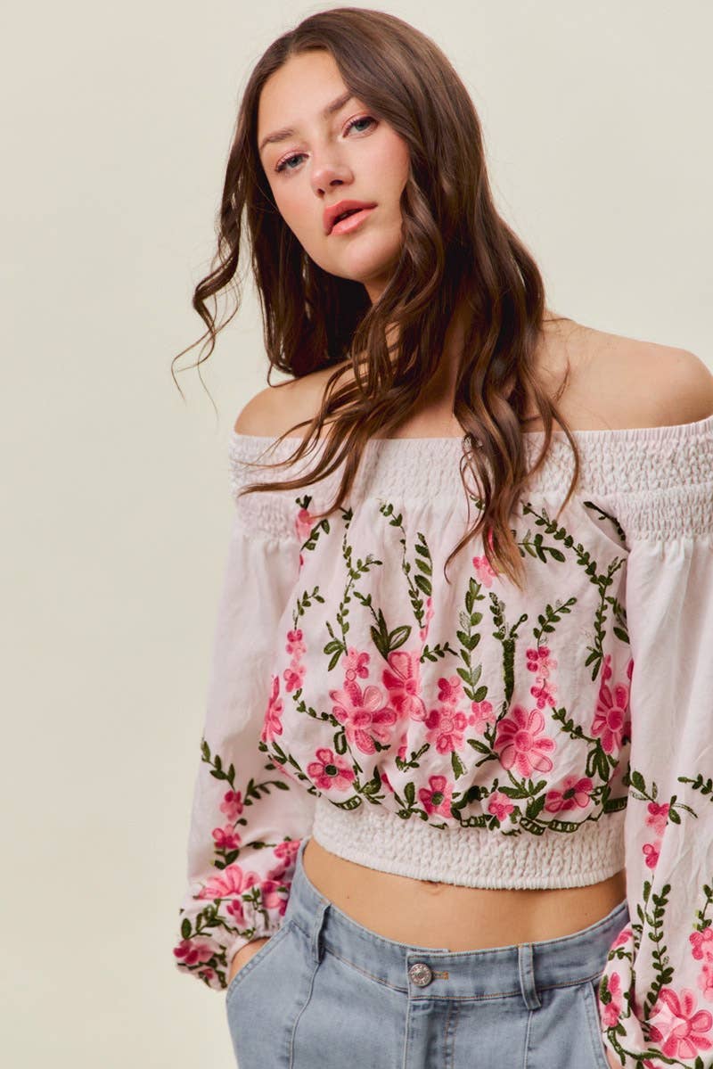 FLORAL EMBROIDERED OFF THE SHOULDER CROP TOP