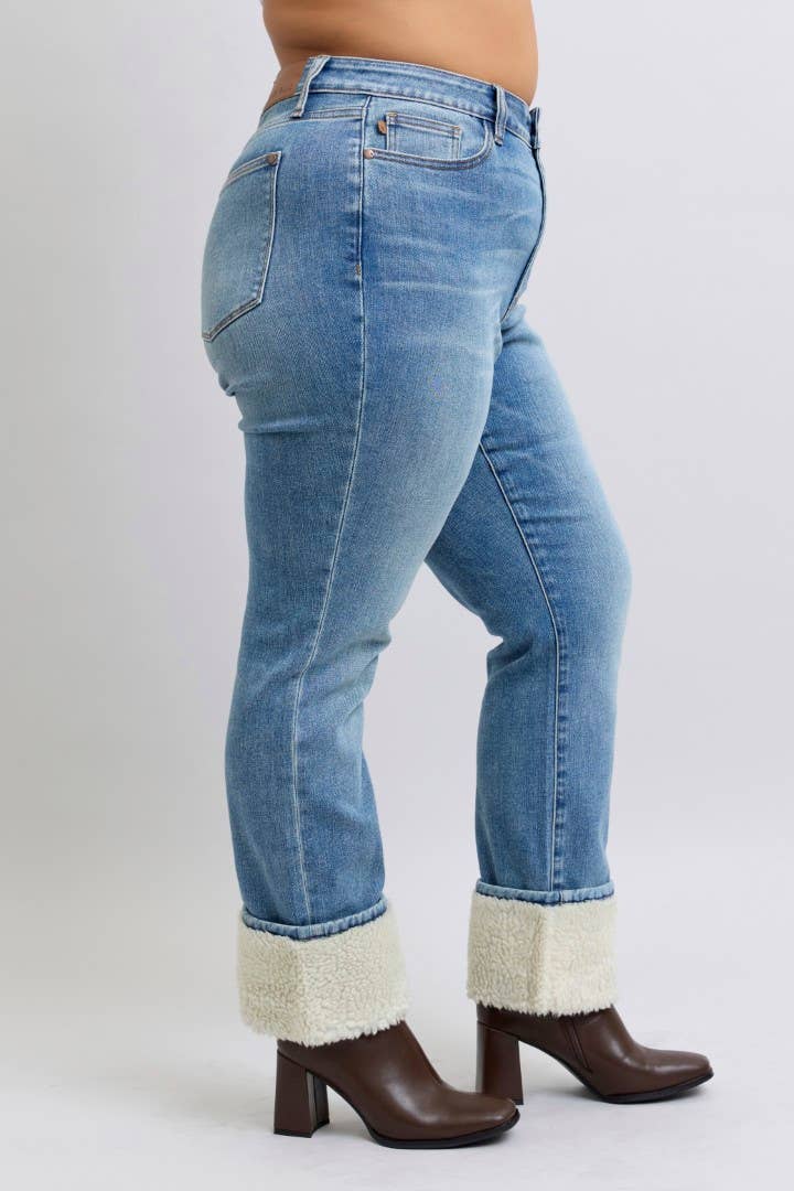 High Waisted Shearling Cuff Straight- PLUS
