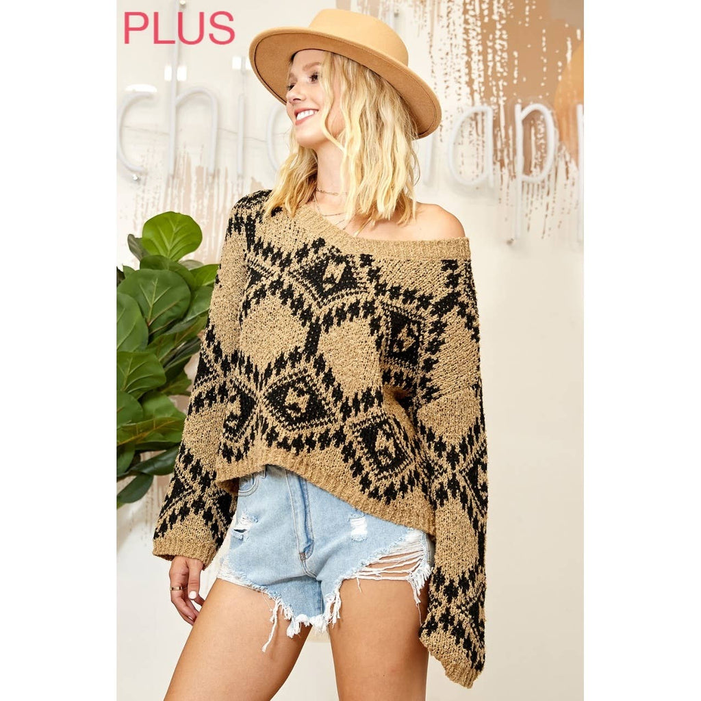 PLUS MULTI PATTERN SWEATER KNIT PULLOVER