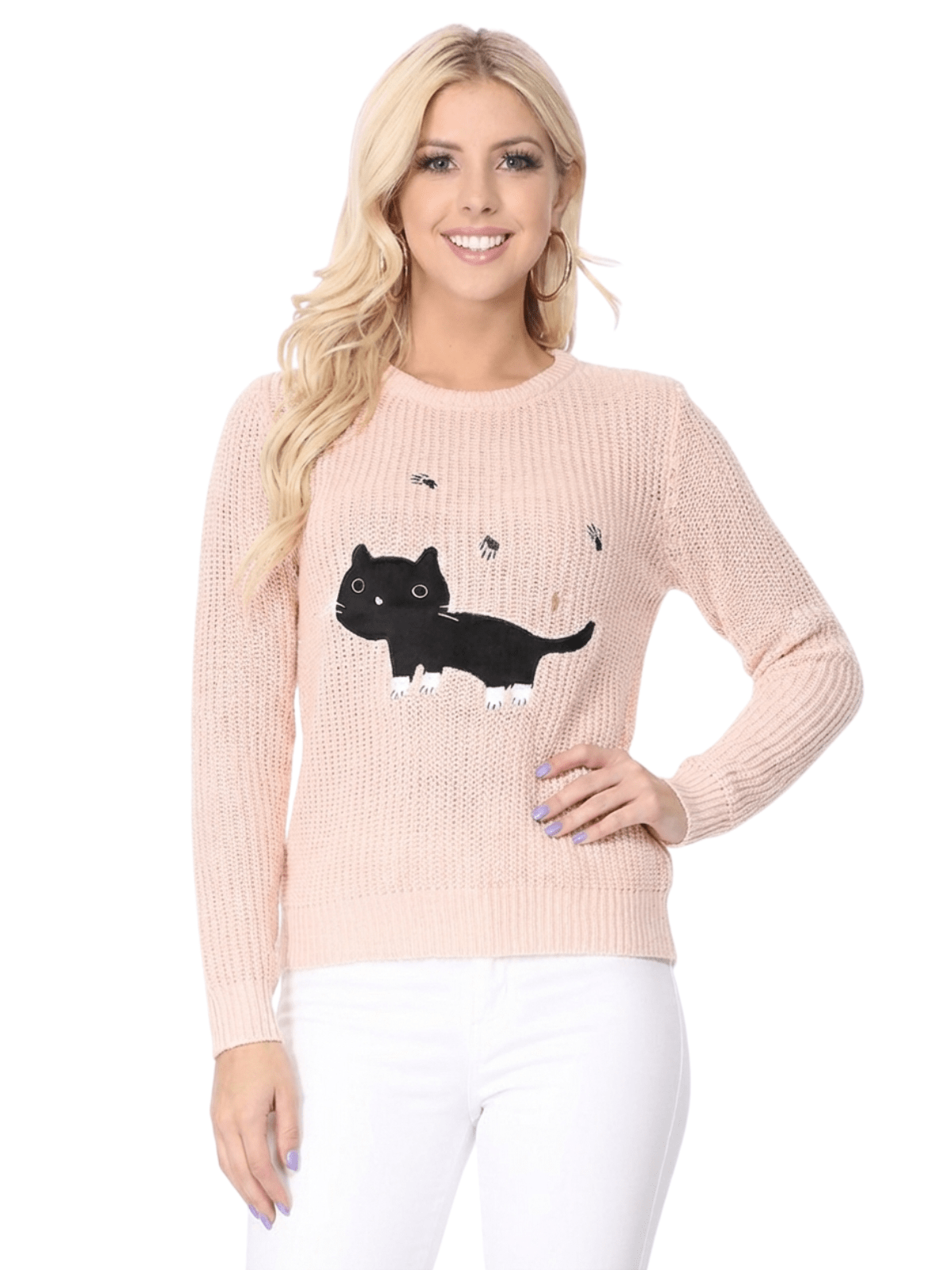 Crewneck BLACK Cat Applique Knit Pullover Sweater MK8207