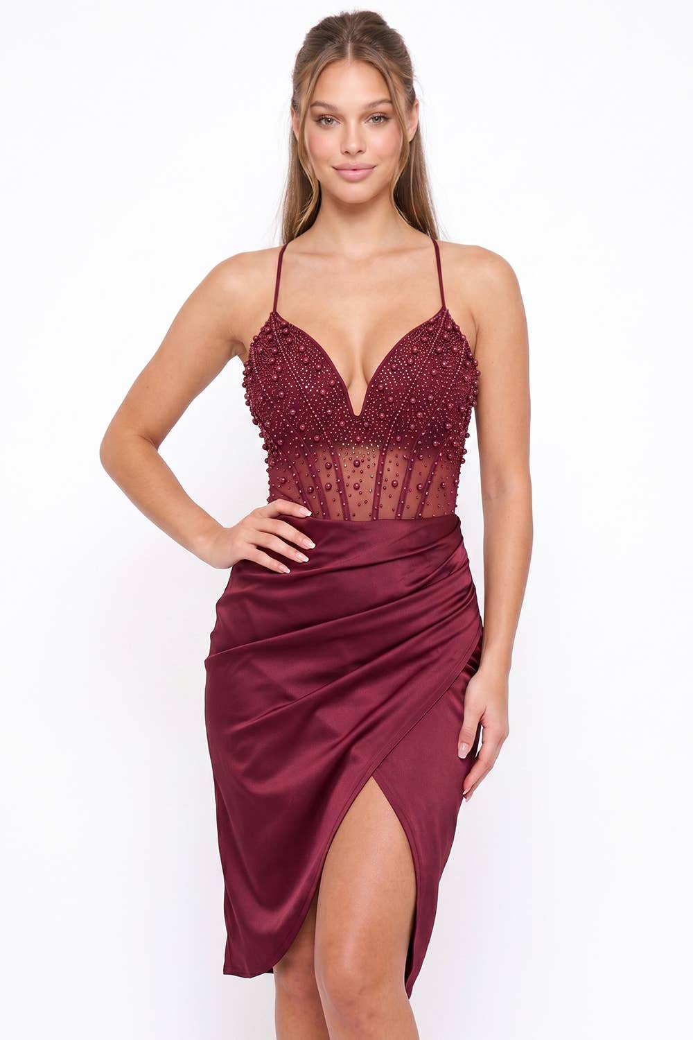 PEARL AND RHINESTONE BEAD ON MESH TOP MIDI DRESS