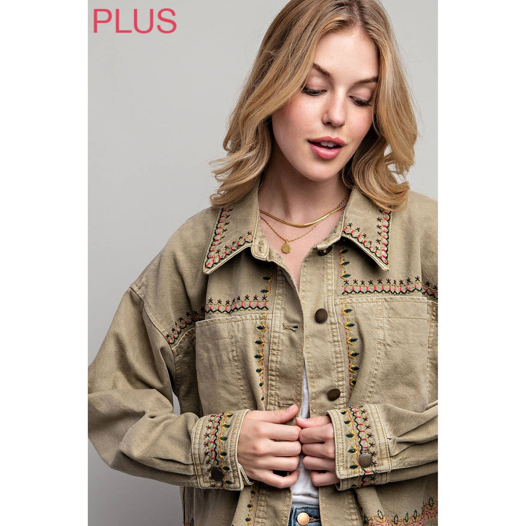 PLUS EMBROIDERED WASH COTTON JACKET
