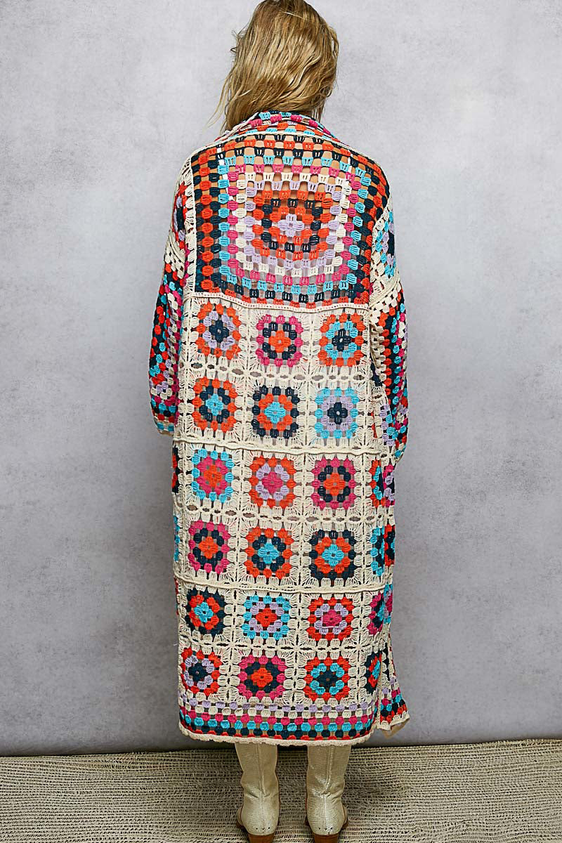 POL Beige Multi Oversized Crochet Knit Cardigan