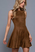Sleeveless Round Neck Flare Hem Faux Suede Mini Dress