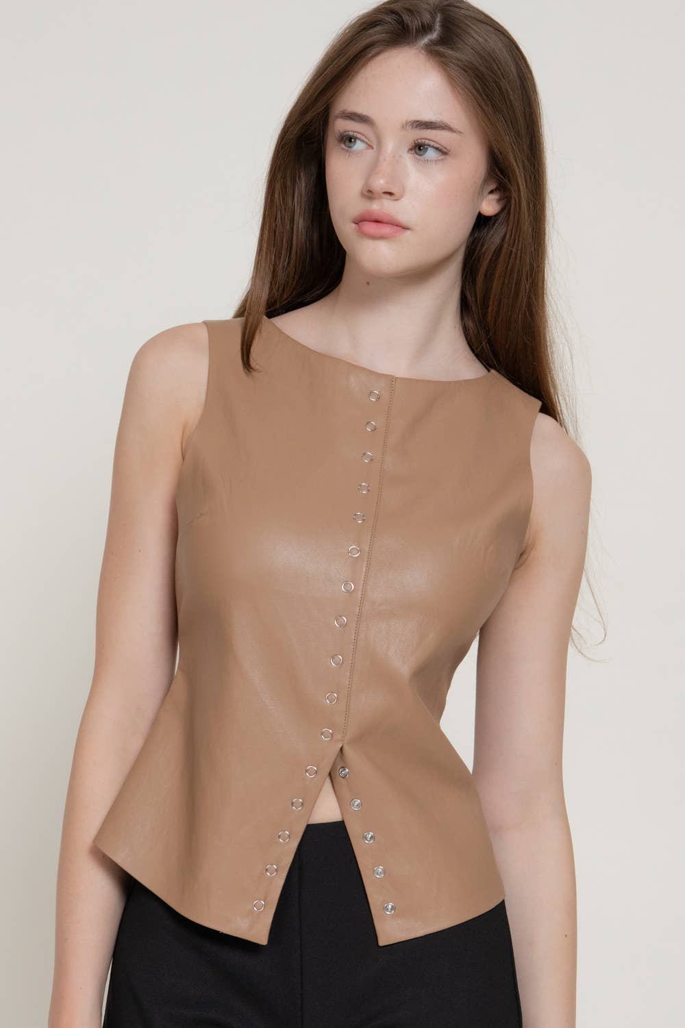 Sleeveless Crew Neck Studded Faux Leather Top