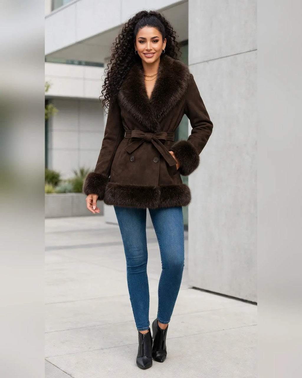 CLAWJ0120: Women's Belted Faux Fur Collar Wrap Coat