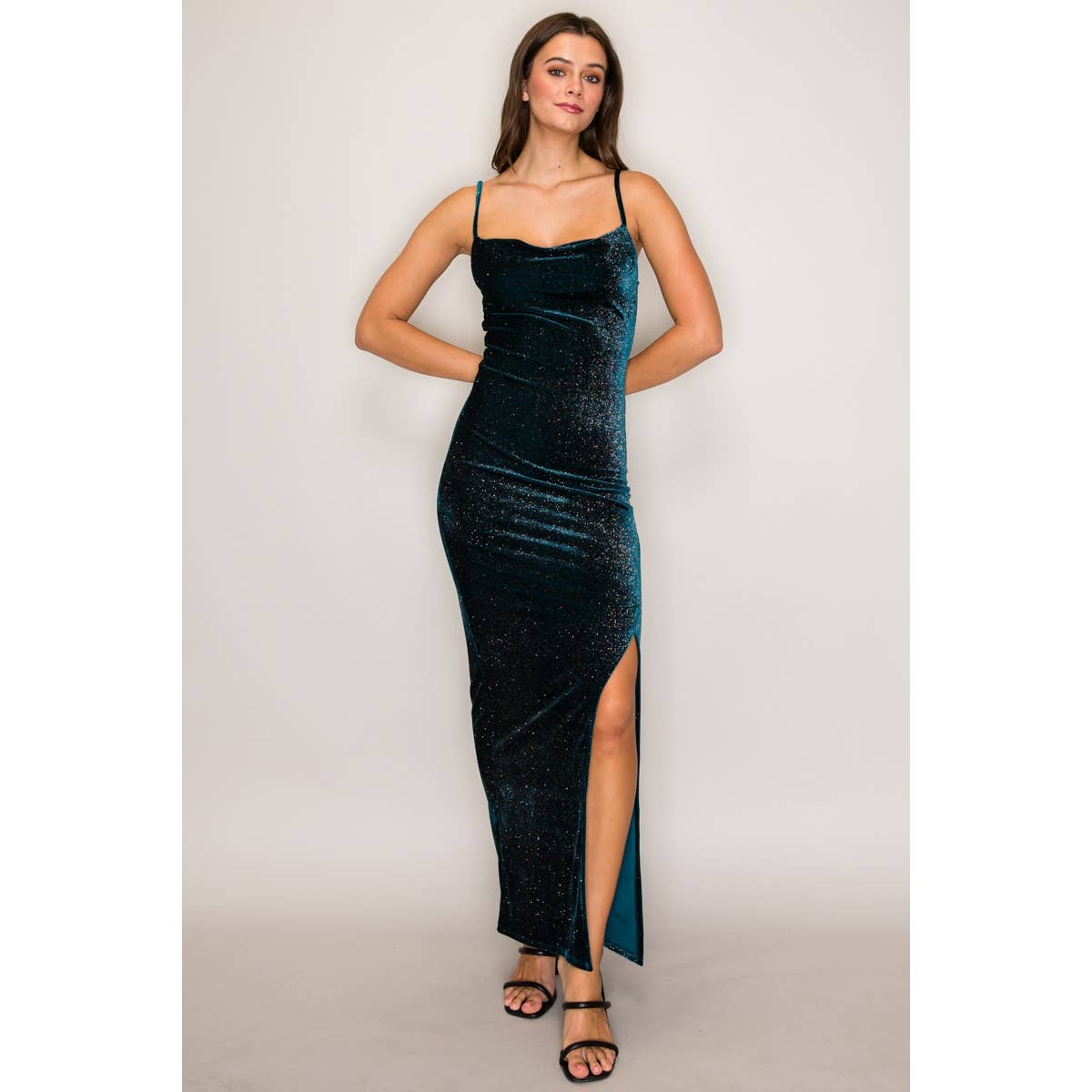 Open Back Cowl Neck Glitter Velvet Maxi Dress