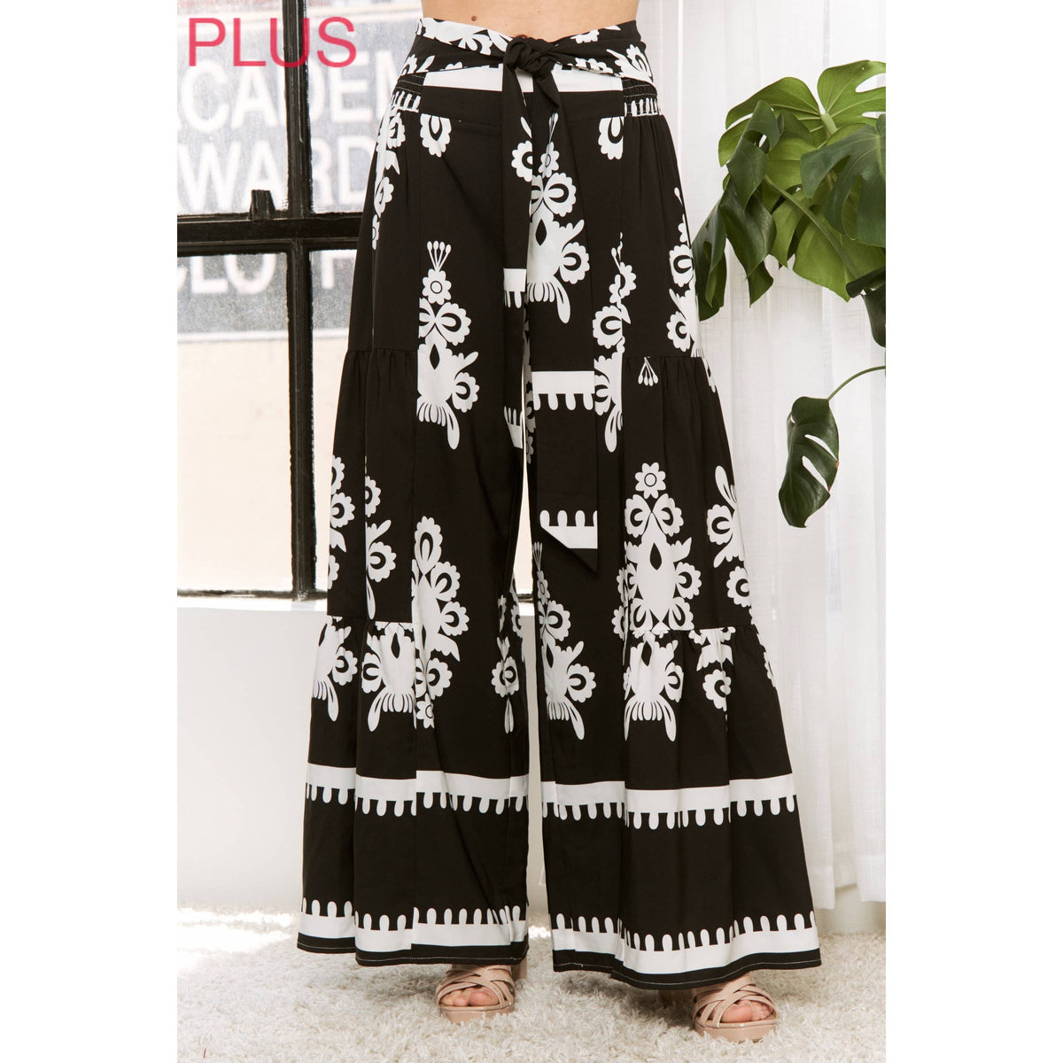 PLUS CHIC FASHIONABLE SUMMER PRINTED WOVEN SELF BELTED WIDE
