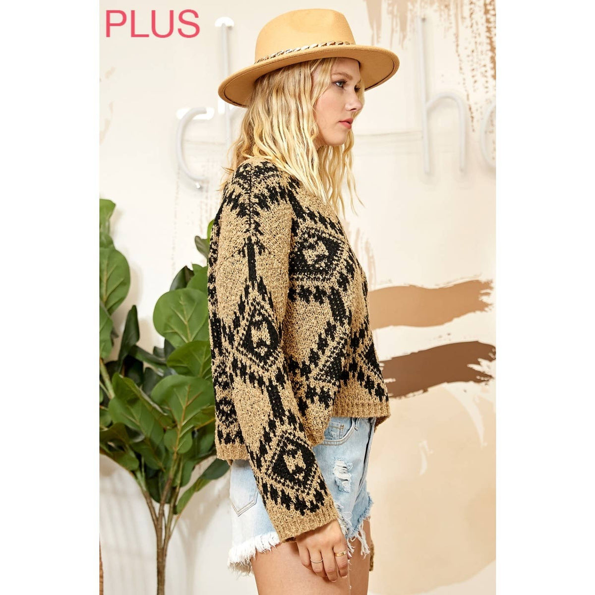 PLUS MULTI PATTERN SWEATER KNIT PULLOVER