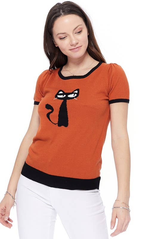 Short Sleeve Crewneck Cat Print Casual T-Shirt Sweater