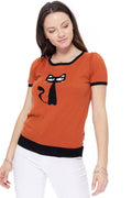 Short Sleeve Crewneck Cat Print Casual T-Shirt Sweater