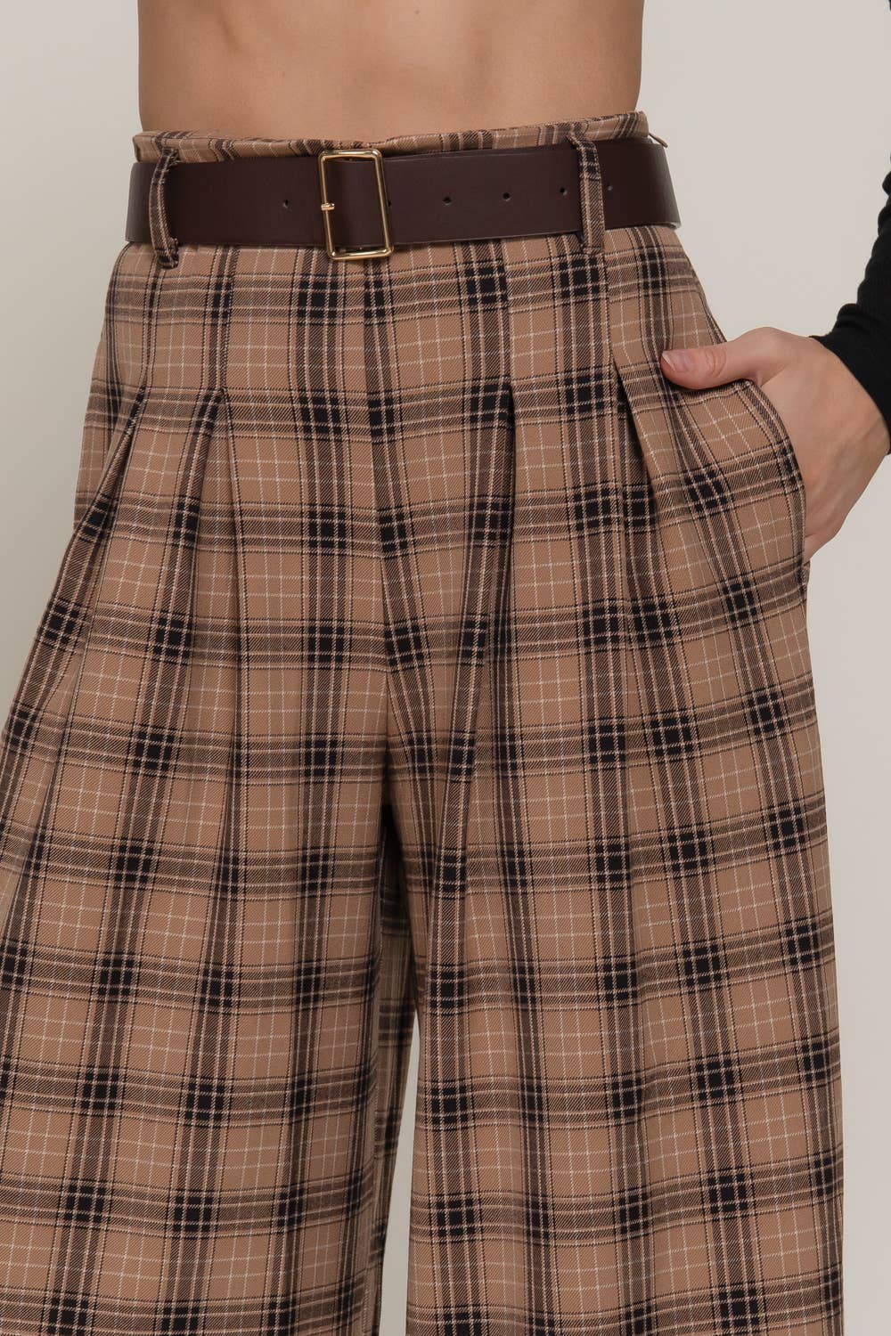 Pleats Detail Belted Side Zipper Plaid Woven Wide Long Pants