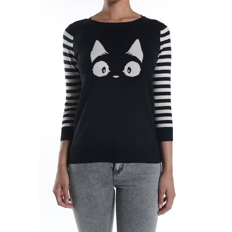 3/4 Sleeve Kitty Cat Crewneck Pullover Sweater MK3375
