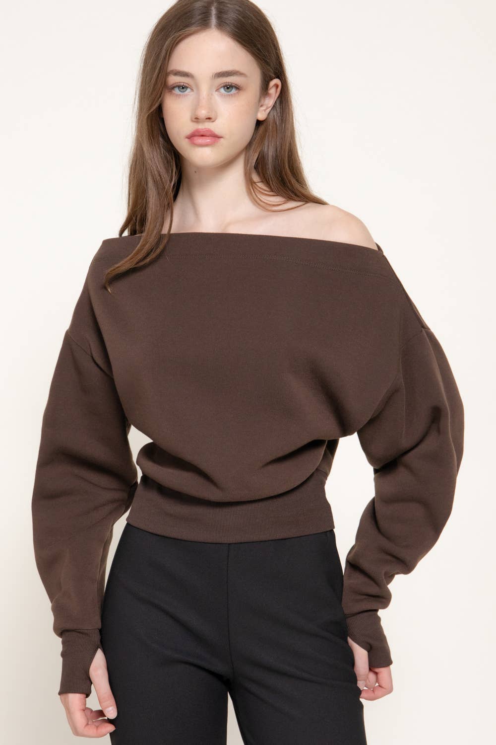Long Sleeve Off The Shoulder Thumb Hole Inner Fleece Top