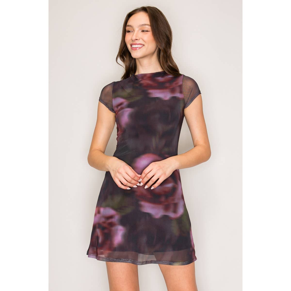 Printed Mesh High Neck A-Line Mini dress