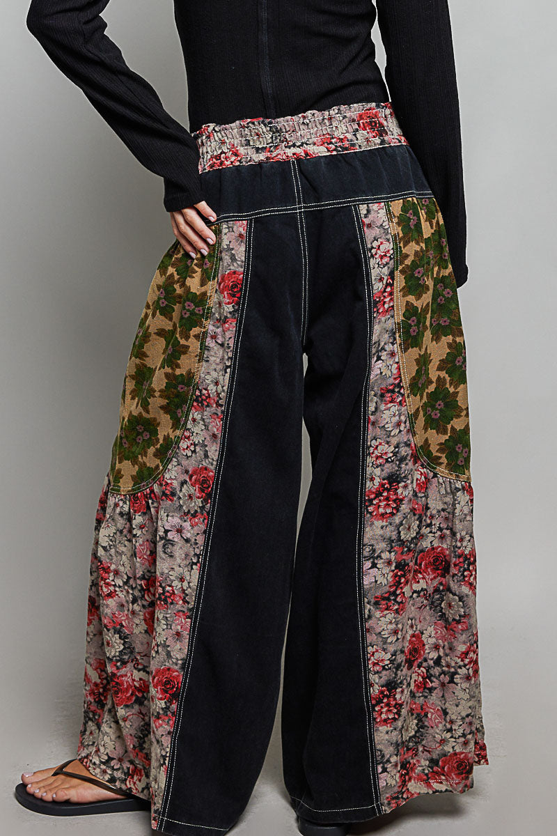 POL Vintage Floral Patchwork Wide-Leg Pants