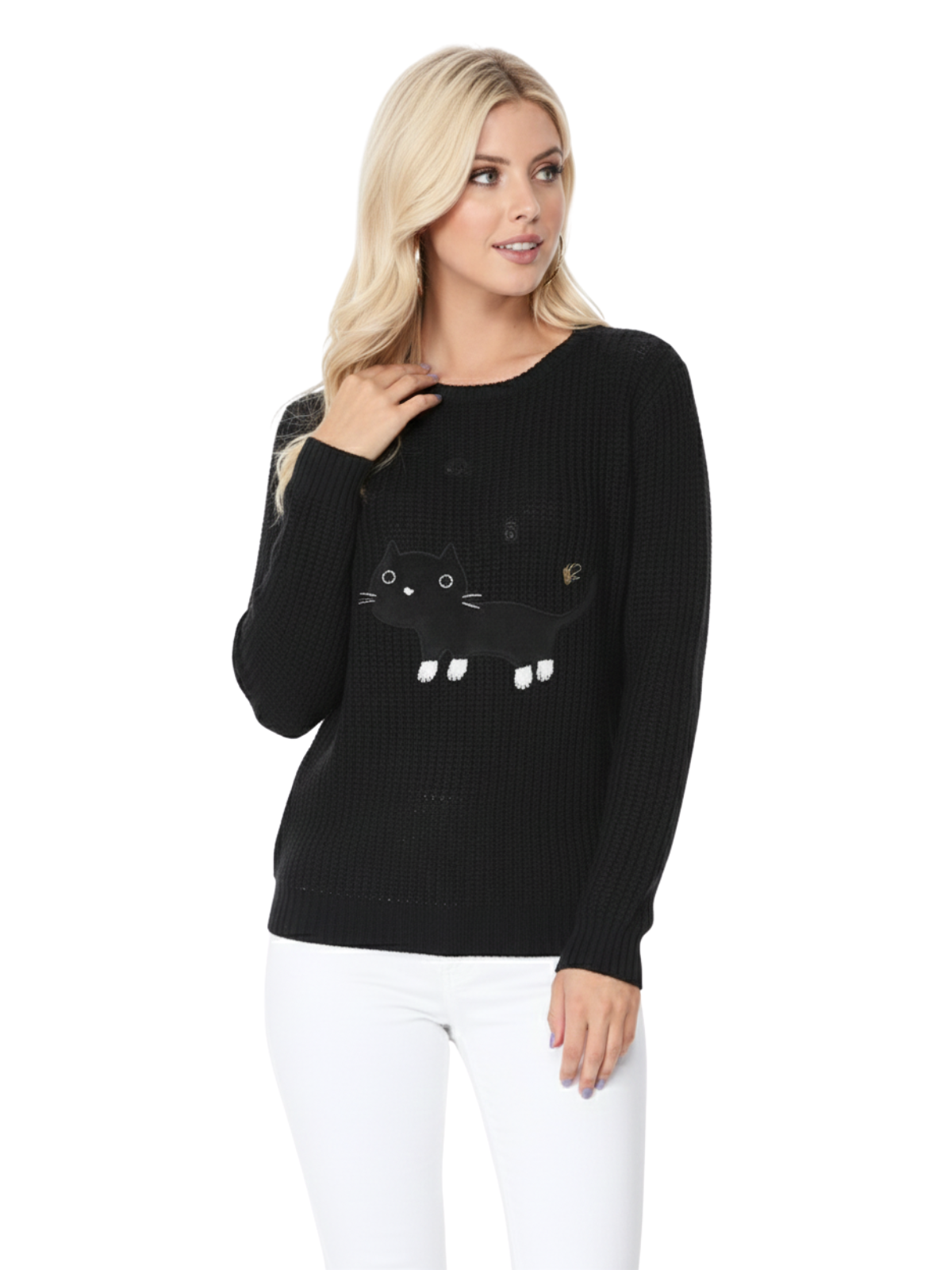 Crewneck BLACK Cat Applique Knit Pullover Sweater MK8207