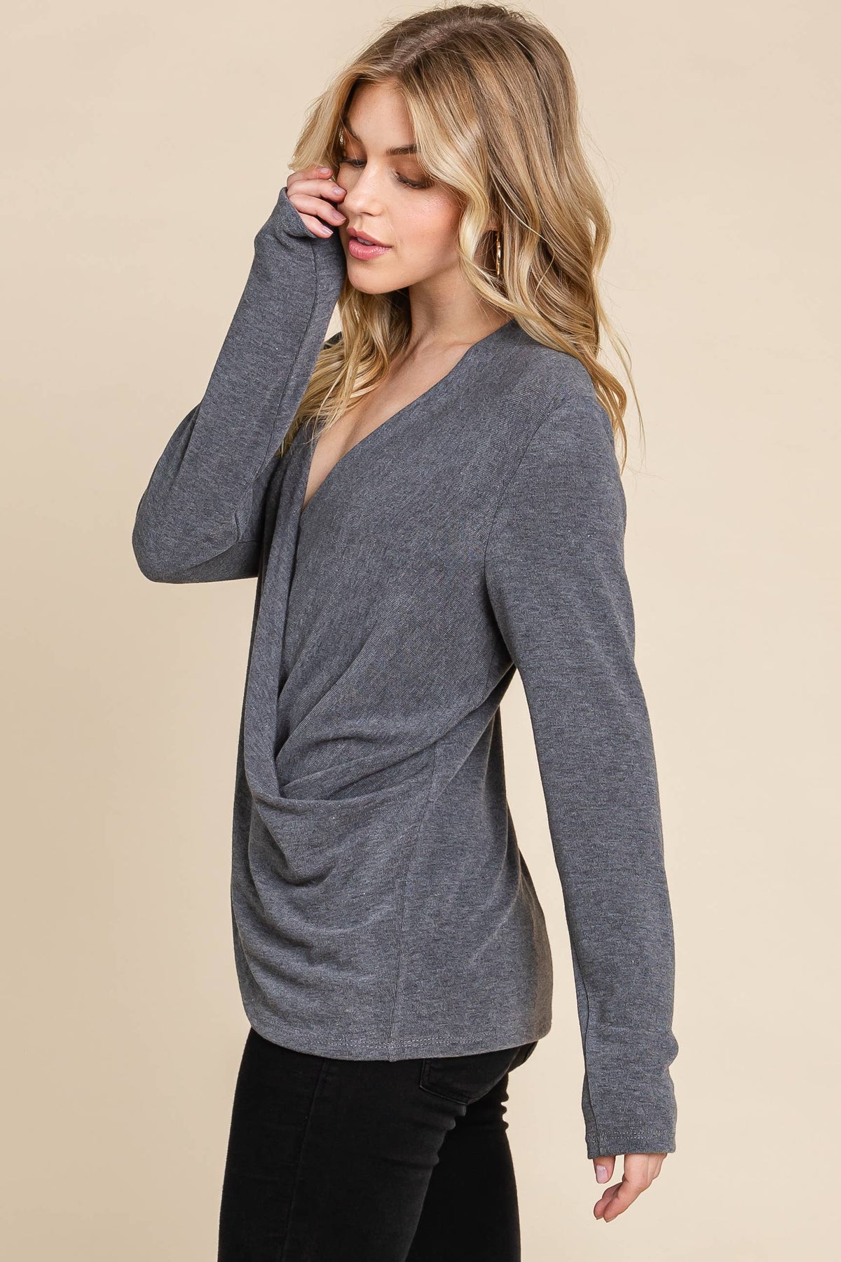 Plus Size Solid Wrap V-Neck Casual Top
