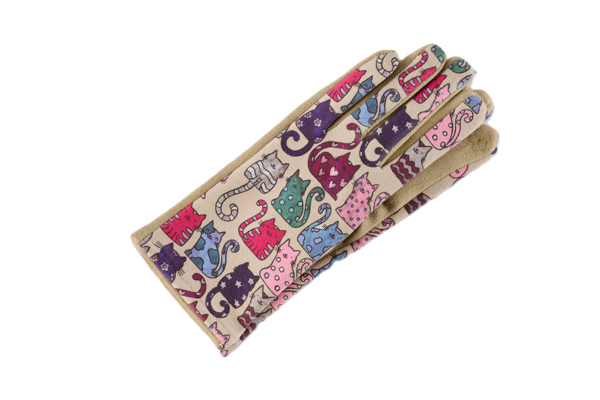 Cat Pattern Fleece Lined Gloves, Black and Ivory