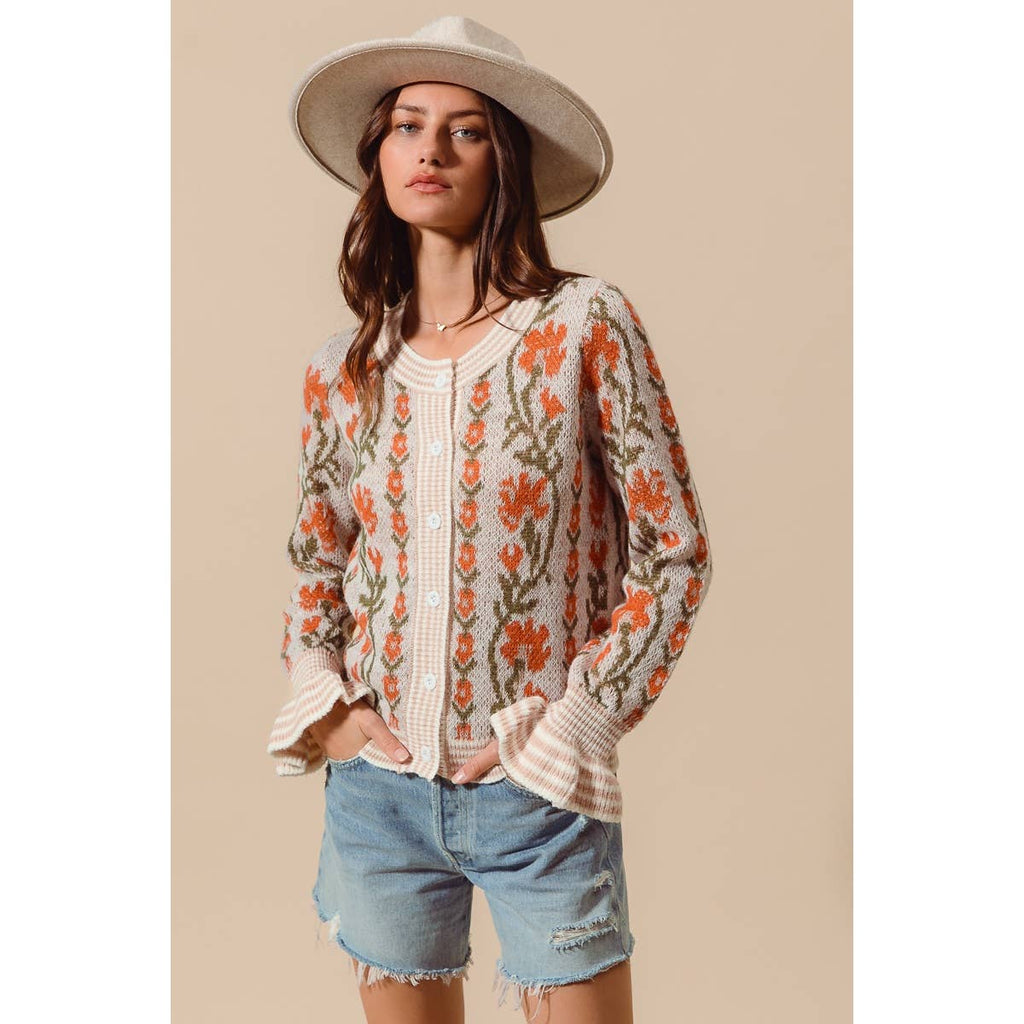 FLORAL INTARSIA BUTTON UP SWEATER CARDIGAN