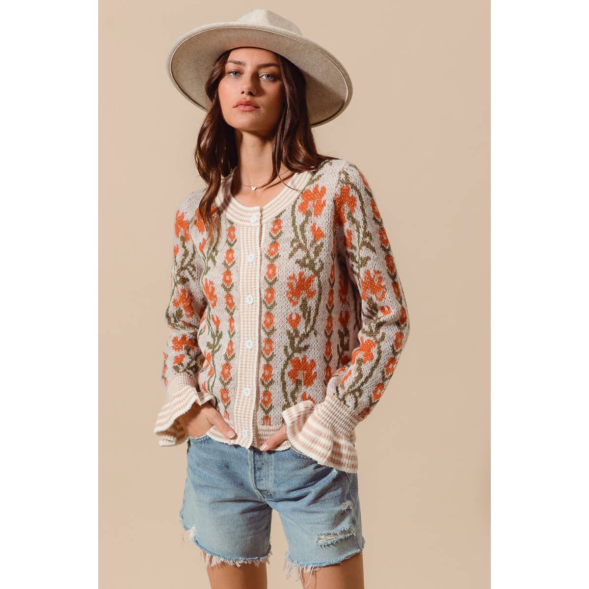 FLORAL INTARSIA BUTTON UP SWEATER CARDIGAN
