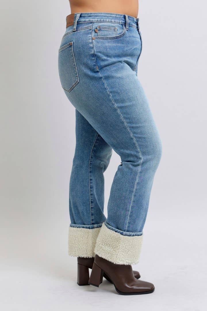 High Waisted Shearling Cuff Straight- PLUS