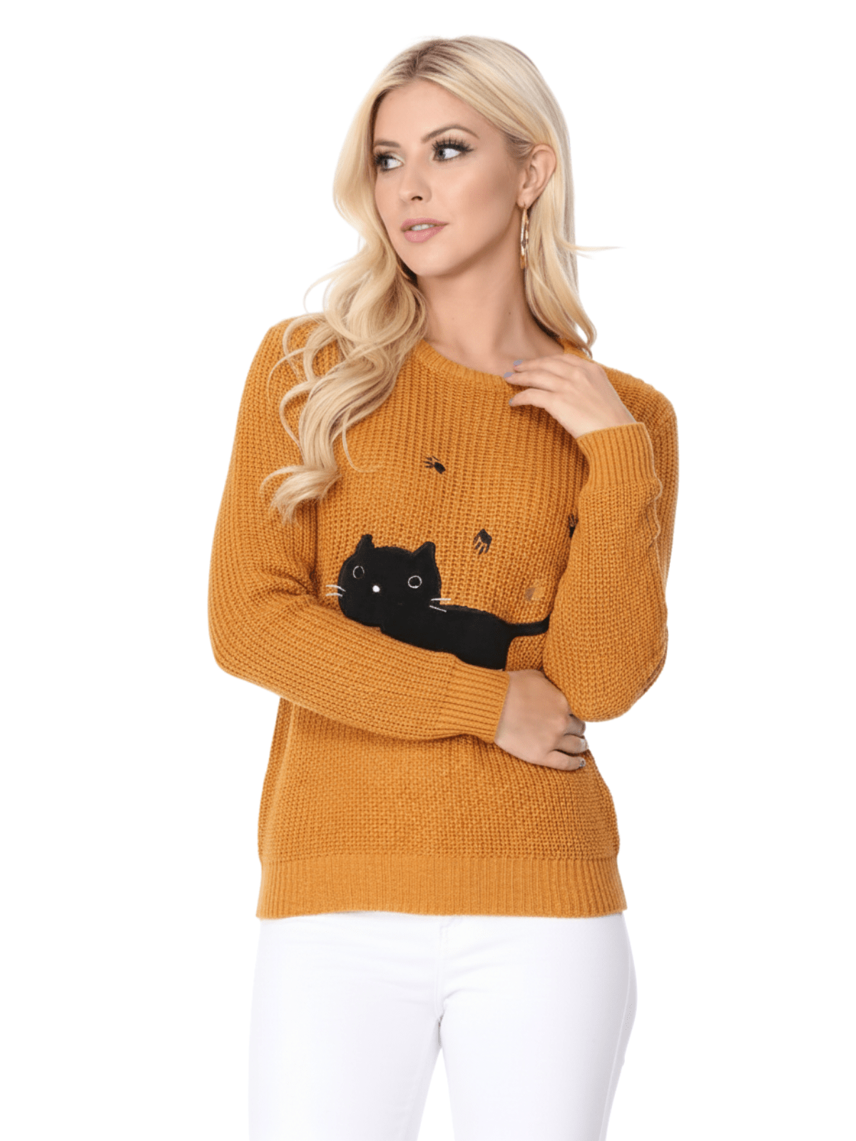 Crewneck BLACK Cat Applique Knit Pullover Sweater MK8207