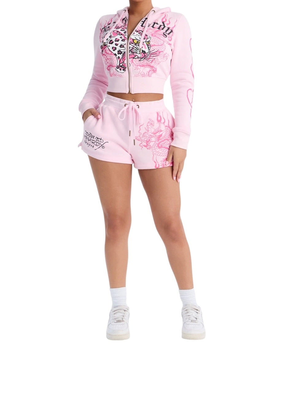 Ed Hardy Leopard Flame Dragon Graphic Shorts – Pink