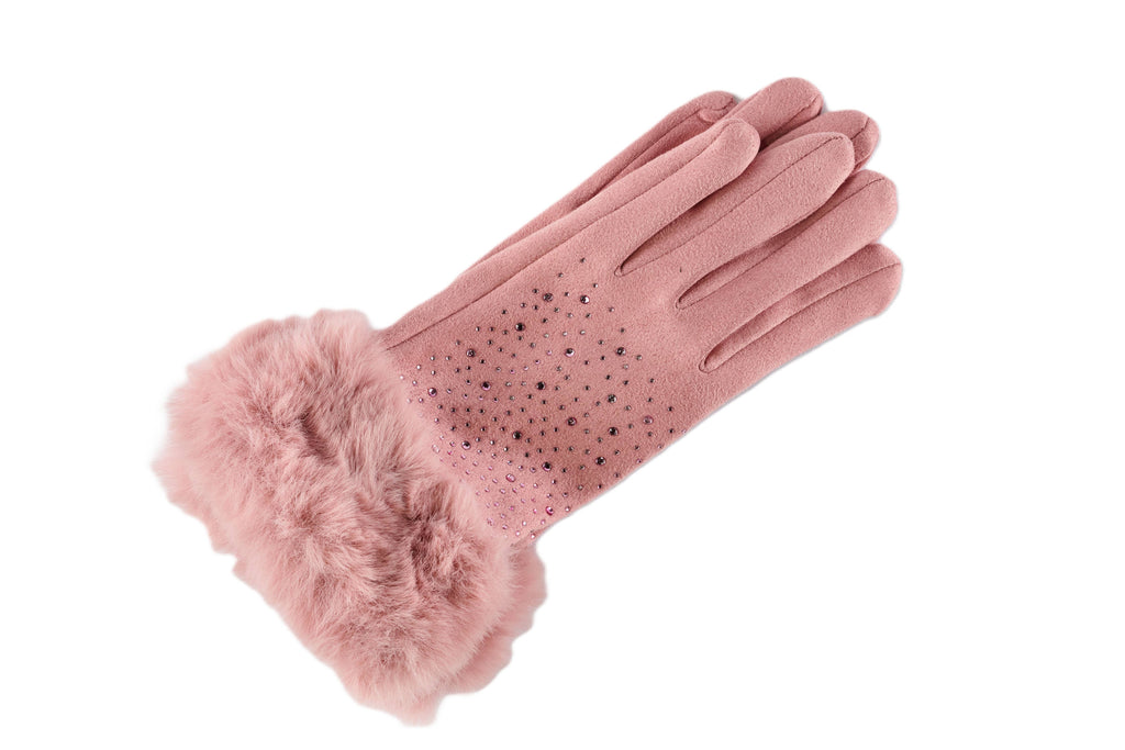 Rhinestone With Fur Cuff Fleece Lined Gloves, 4 Assorted