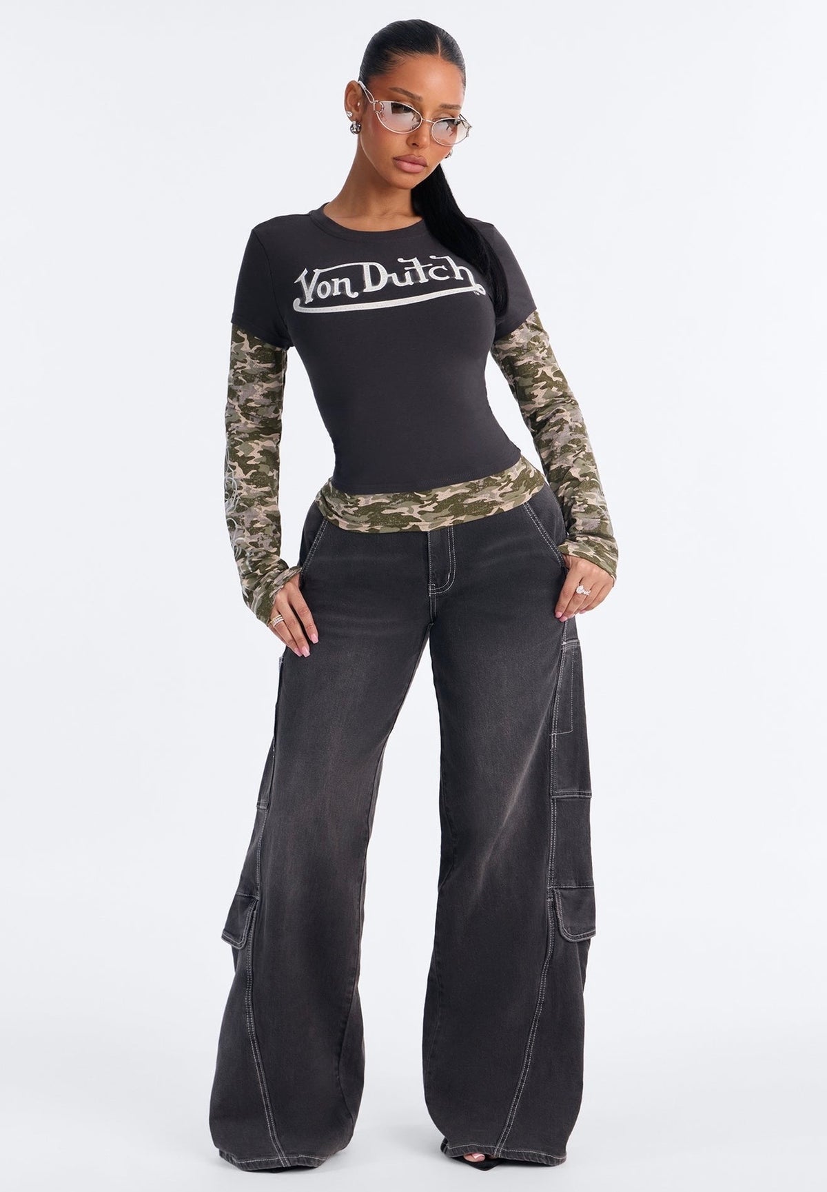 Von Dutch Rhinestone Camo Layered Long Sleeve Tee - Black Combo