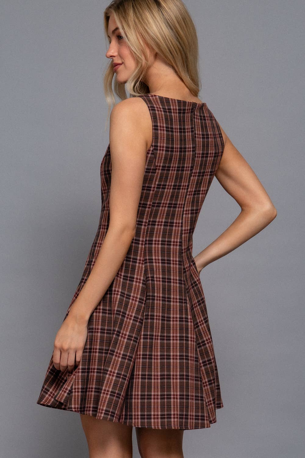 Sleeveless Boat Neck Swing Plaid Woven Mini Dress