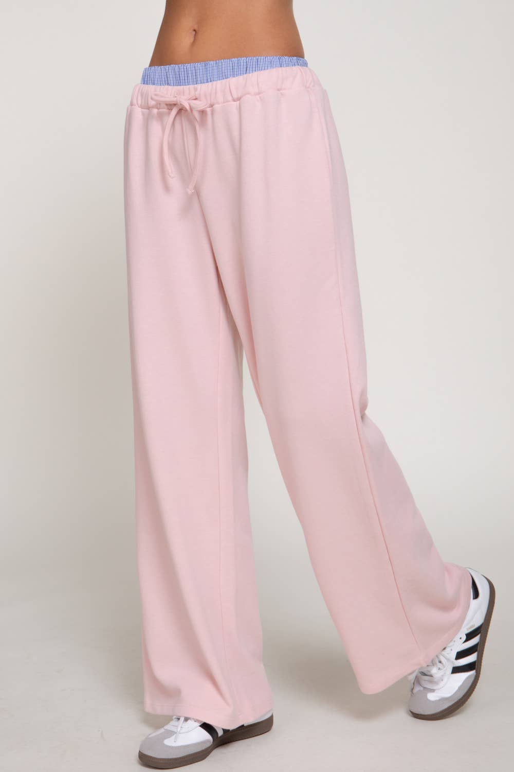 Elastic Waist Long Pants with Contrasting Check Panel