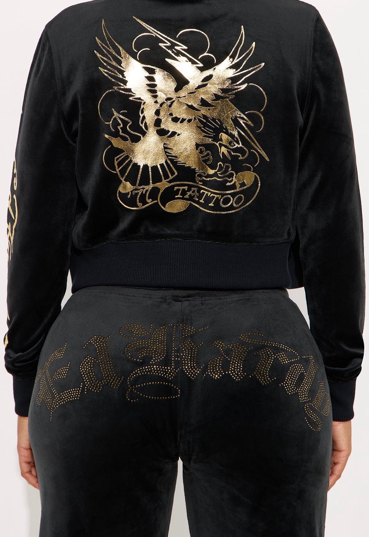 Ed Hardy Tattoo Gold Eagle Velour Top - Black