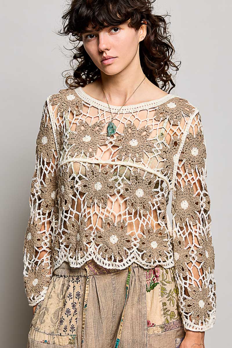 POL Mocha Multi Color Crochet Knit Top