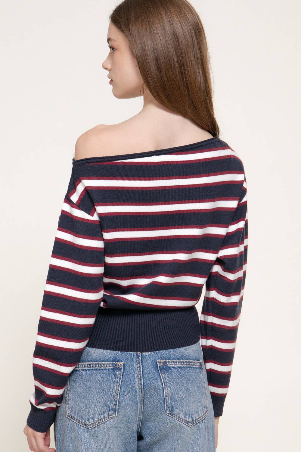 Long Sleeve Asymmetrical Neckline Multi Stripe Sweater Top