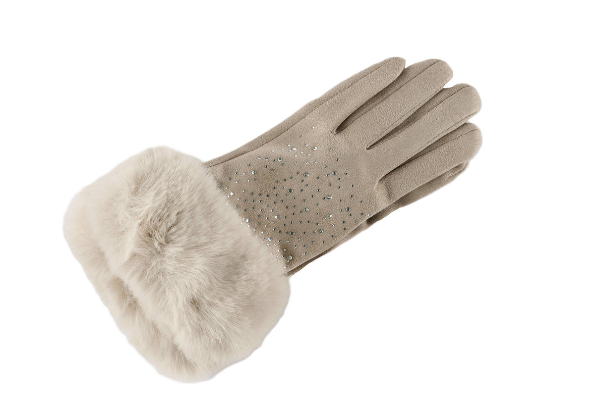 Rhinestone With Fur Cuff Fleece Lined Gloves, 4 Assorted