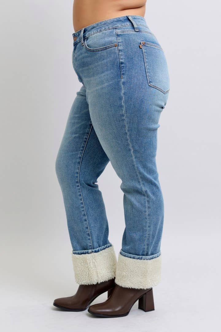 High Waisted Shearling Cuff Straight- PLUS