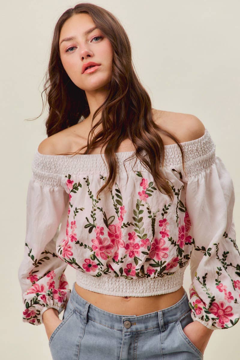 FLORAL EMBROIDERED OFF THE SHOULDER CROP TOP