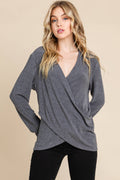 Plus Size Solid Wrap V-Neck Casual Top