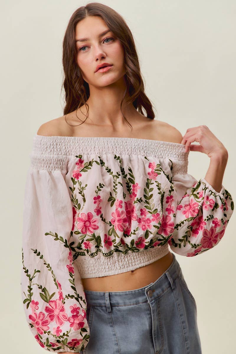 FLORAL EMBROIDERED OFF THE SHOULDER CROP TOP