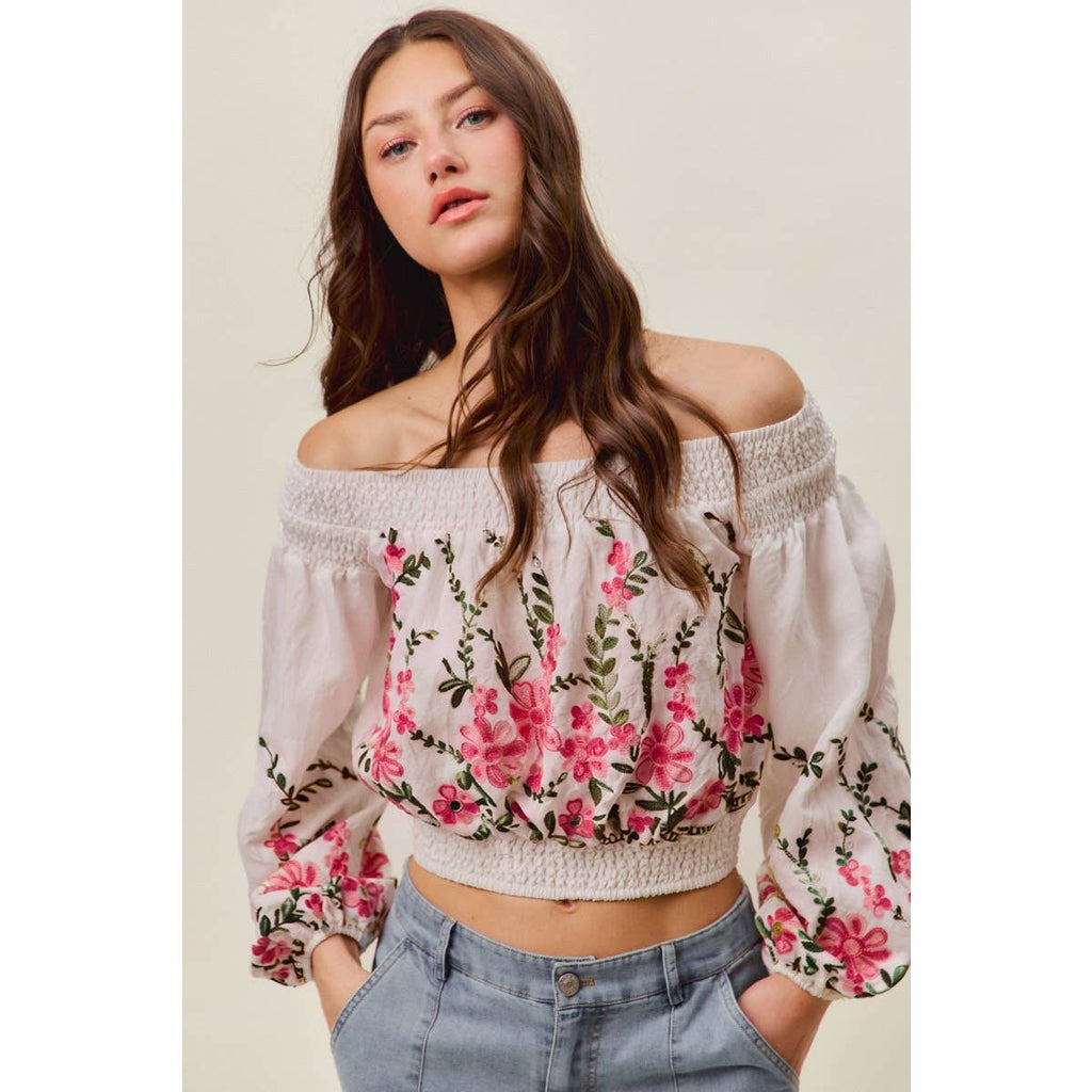 FLORAL EMBROIDERED OFF THE SHOULDER CROP TOP