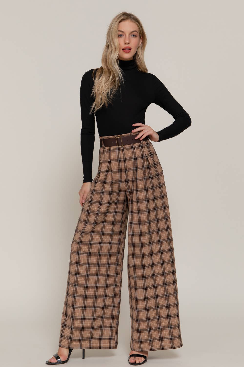 Pleats Detail Belted Side Zipper Plaid Woven Wide Long Pants